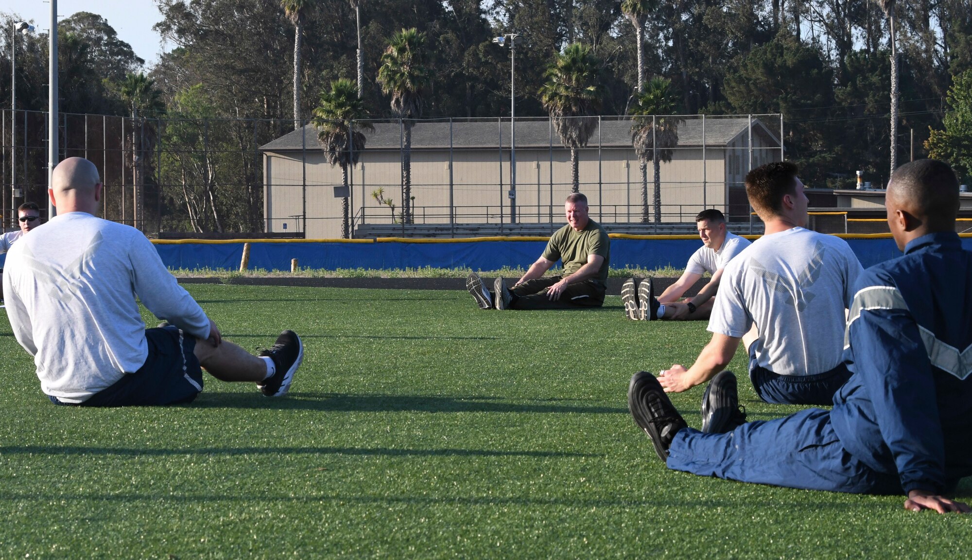 Master Gunnery Sgt. Scott H. Stalker, U.S. Space Command senior enlisted leader, attends a group fitness session with members assigned to the Combined Forces Space Component Command Oct. 15, 2020, at Vandenberg Air Force Base, Calif. Stalker participated in multiple exercises that supports sustaining ready warfighters. (U.S. Space Force photo by Staff Sergeant Latonya Kim)