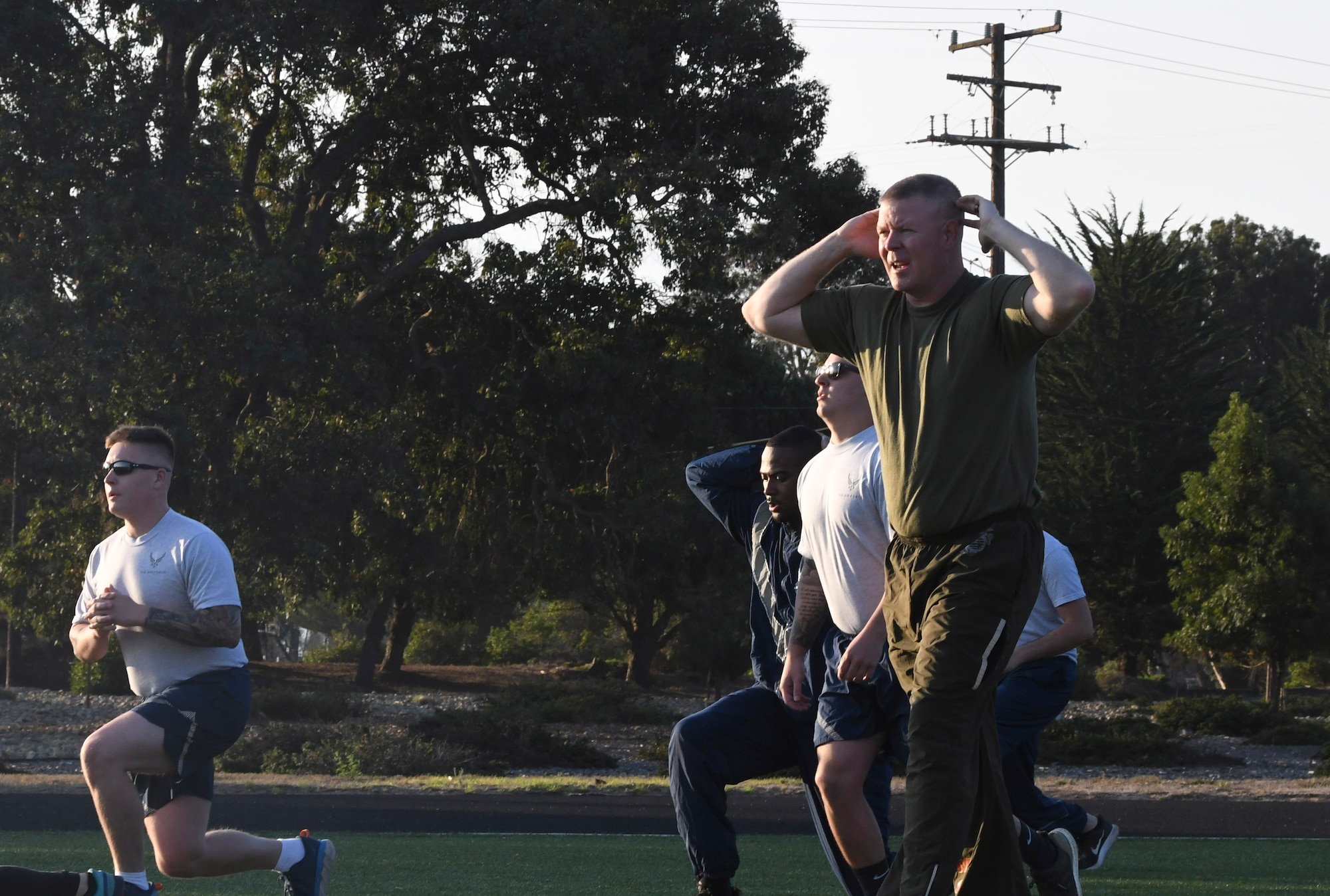 Master Gunnery Sgt. Scott H. Stalker, U.S. Space Command senior enlisted leader, attends a group fitness session with members assigned to the Combined Forces Space Component Command Oct. 15, 2020, at Vandenberg Air Force Base, Calif. Stalker participated in multiple exercises that supports sustaining ready warfighters. (U.S. Space Force photo by Staff Sergeant Latonya Kim)