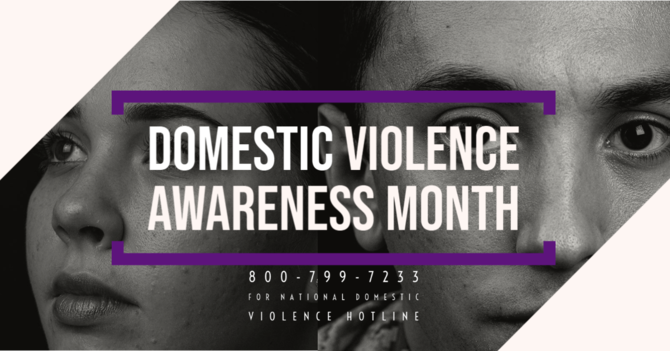 A black and white photo of two people looking sad with "Domestic Violence Awareness Month" in block letters.