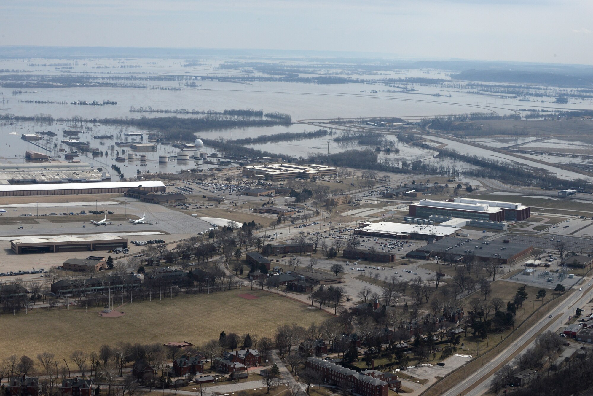 An aerial view of Offutt Air Force Base, Nebraska, and the surrounding areas affected by flood waters March 17, 2019.
