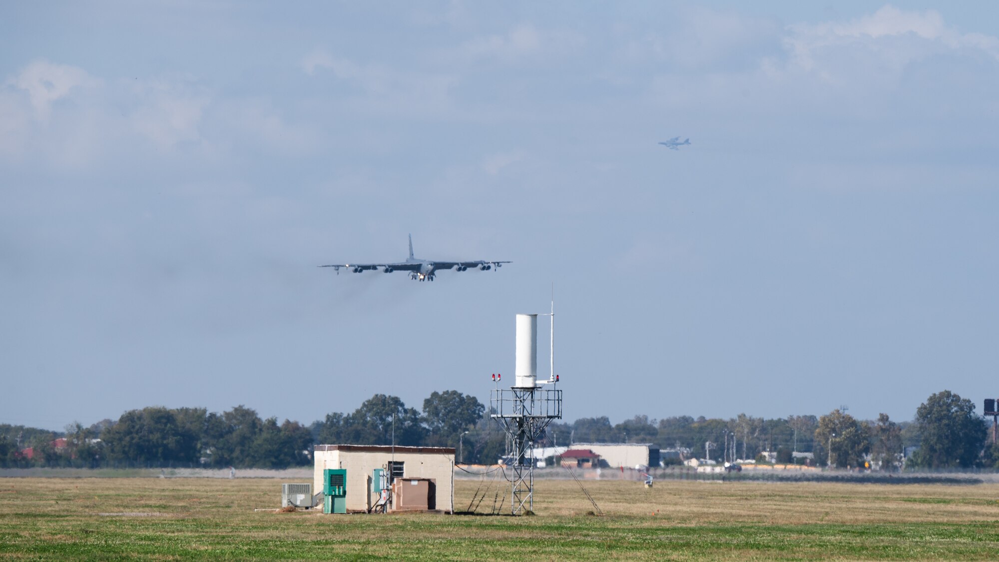 A B-52H Stratofortress lands at Barksdale Air Force Base, La., as part of Global Thunder 21, Oct. 20, 2020. Exercises like GLOBAL THUNDER involve extensive planning and coordination to provide unique training opportunities for assigned units and forces. (U.S. Air Force photo by Airman 1st Class Jacob B. Wrightsman)
