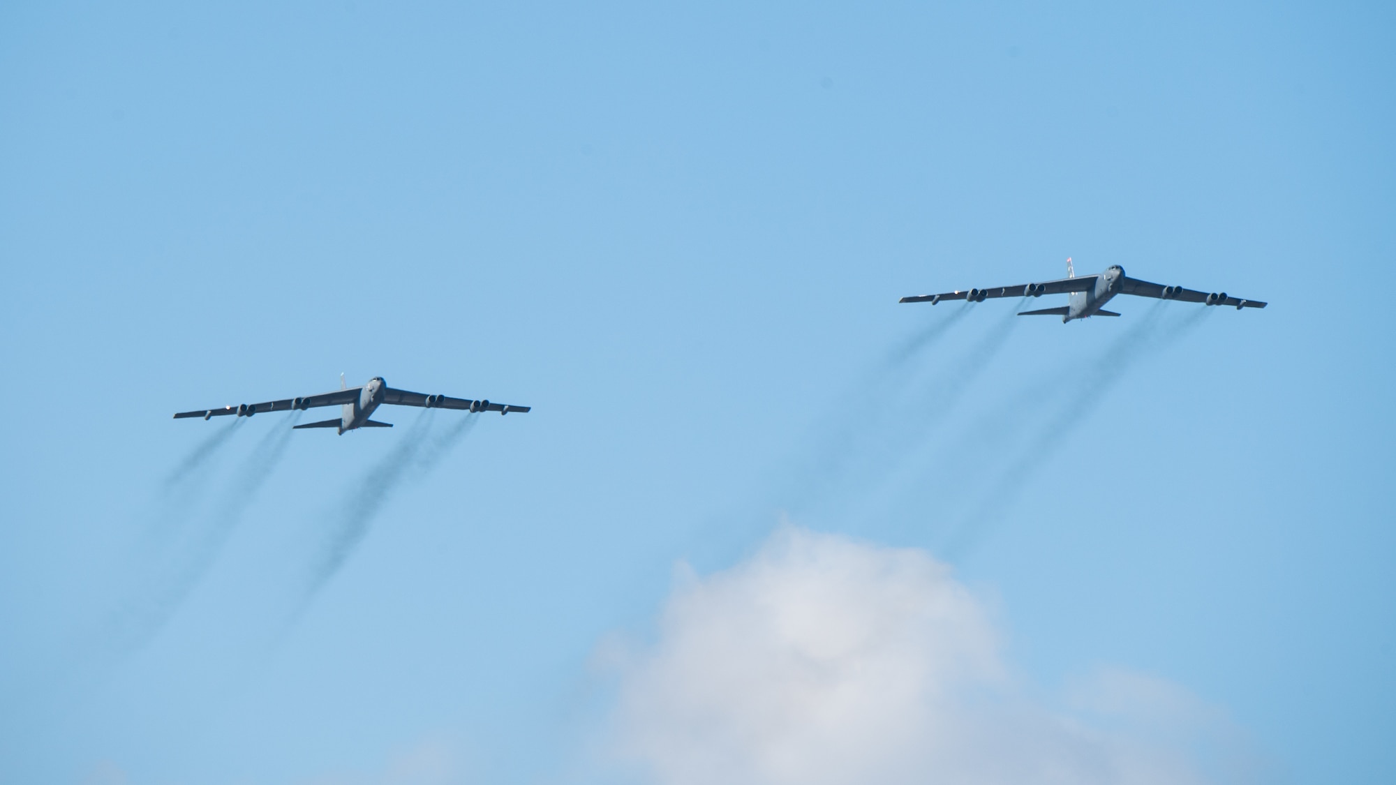 Two B-52H Stratofortresses fly over Barksdale Air Force Base, La., as part of Global Thunder 21, Oct. 20, 2020. GLOBAL THUNDER is an annual command and control exercise designed to train U.S. Strategic Command forces and assess joint operational readiness. (U.S. Air Force photo by Airman 1st Class Jacob B. Wrightsman)