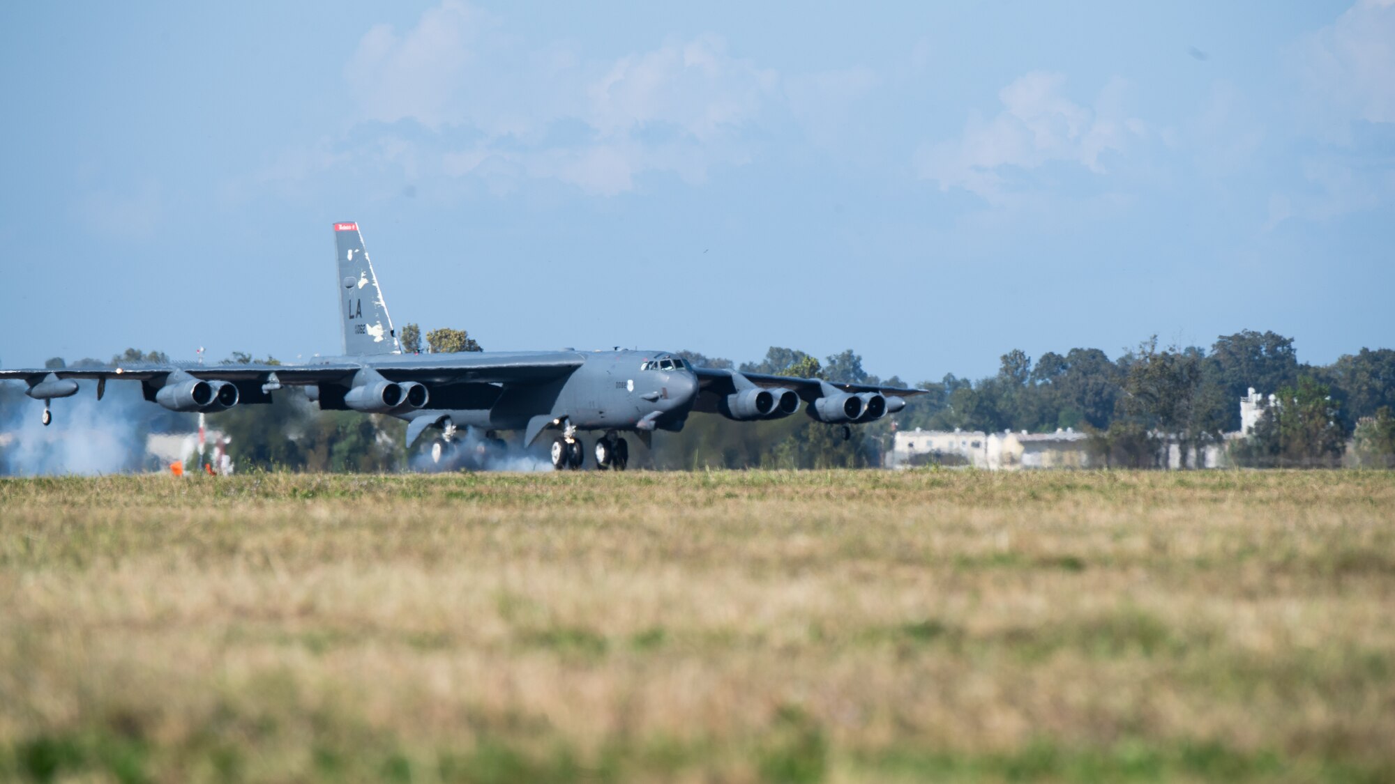 A B-52H Stratofortress lands at Barksdale Air Force Base, La., as part of Global Thunder 21, Oct. 20, 2020. GLOBAL THUNDER is an invaluable training opportunity to exercise all U.S. Strategic Command mission areas and create the conditions for strategic deterrence against a variety of threats. (U.S. Air Force photo by Airman 1st Class Jacob B. Wrightsman)
