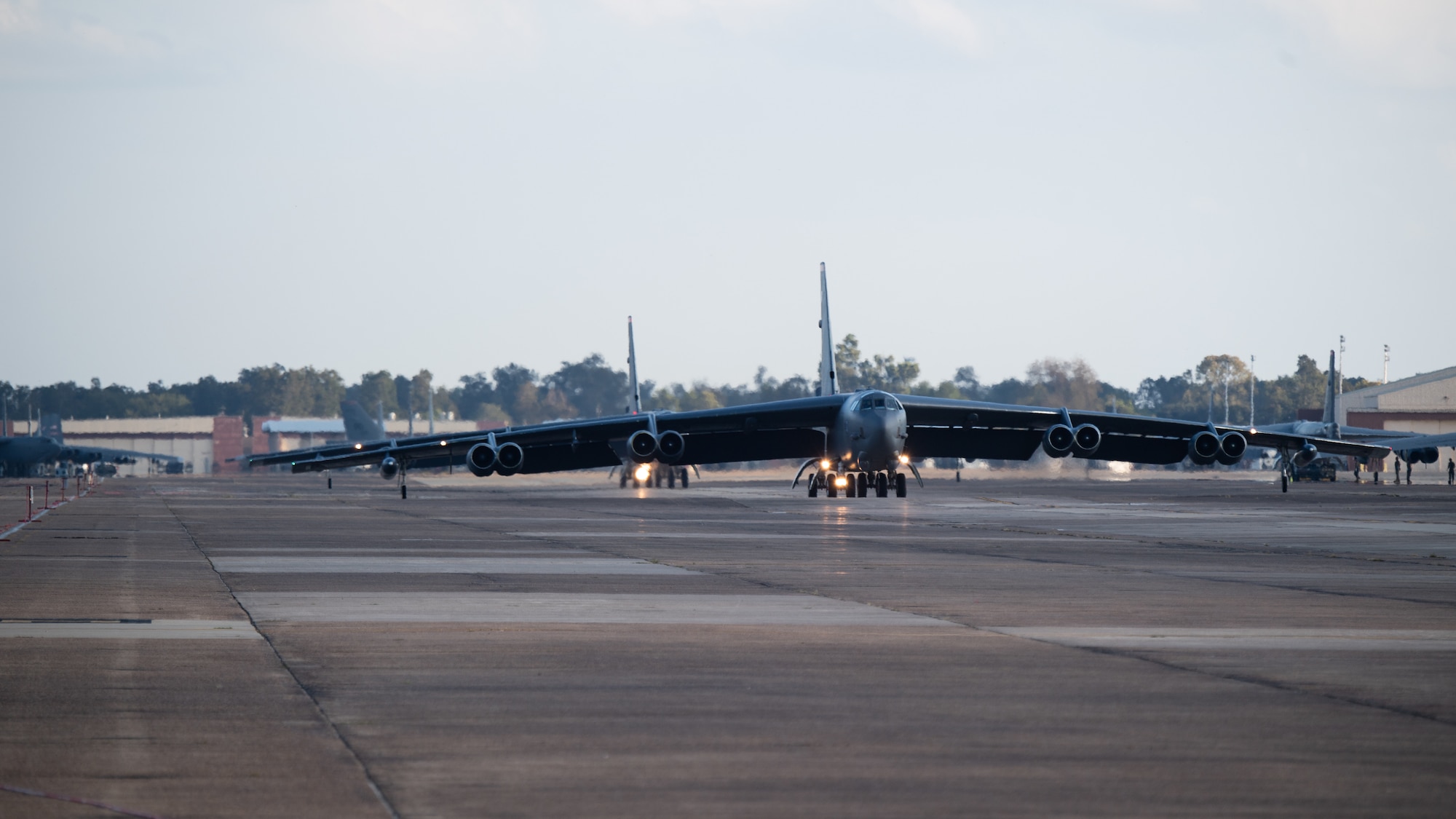 Two B-52H Stratofortresses taxi the flight line at Barksdale Air Force Base, La., as part of Global Thunder 21, Oct. 20, 2020. GLOBAL THUNDER is an annual command and control exercise designed to train U.S. Strategic Command forces and assess joint operational readiness. (U.S. Air Force photo by Airman 1st Class Jacob B. Wrightsman)