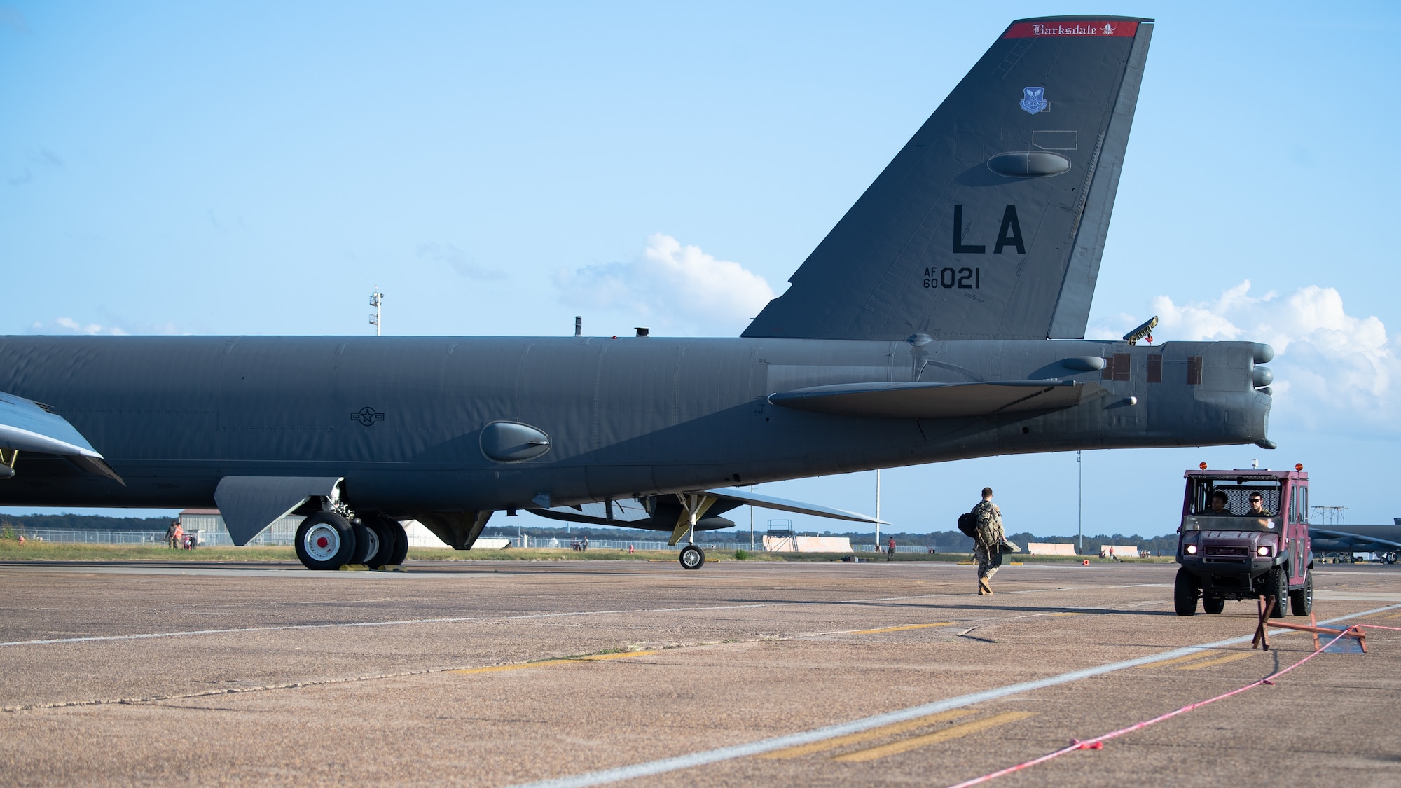 Airman 1st Class Jacob Oldfield, 2nd Security Forces Squadron entry controller, sets up an entry control point during Global Thunder 21 at Barksdale Air Force Base, La., Oct. 20, 2020. Exercises like GLOBAL THUNDER involve extensive planning and coordination to provide unique training opportunities for assigned units and forces. (U.S. Air Force photo by Airman 1st Class Jacob B. Wrightsman)