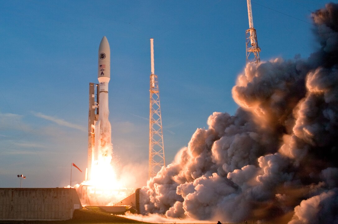 A rocket lifts off from a launch pad