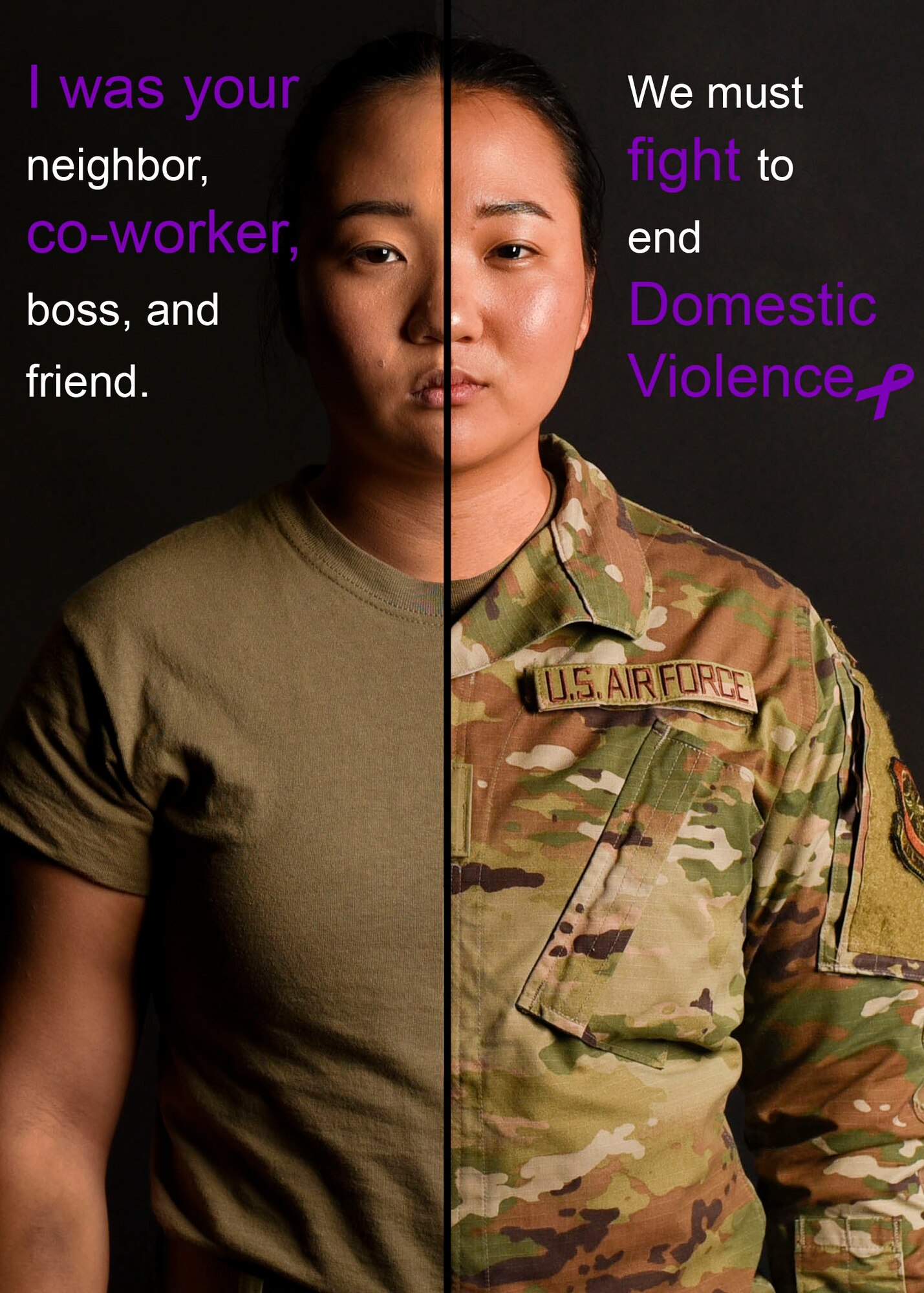 U.S. Air Force 2nd Lt. Michelle Chang, 92nd Air Refueling Wing command information officer, poses for a photo depicting the importance of domestic violence awareness for Domestic Violence Awareness Month at Fairchild Air Force Base, Washington, October 9, 2020. (U.S. Air Force photo illustration by Airman 1st Class Anneliese Kaiser)