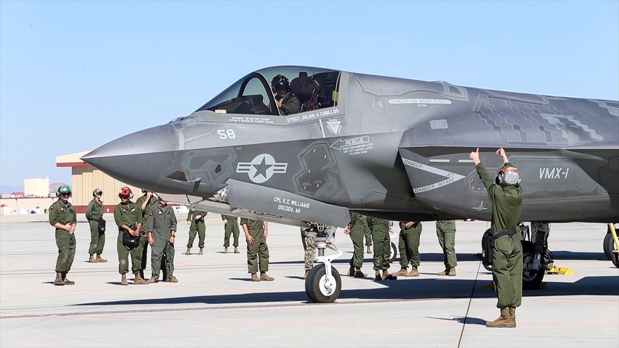 Ground crews prepare an F-35B for flight prior to a test flight at Edwards Air Force Base, California, July 10. (Photo courtesy of Lance Cpl. Larisa Chavez, MCAS Yuma)