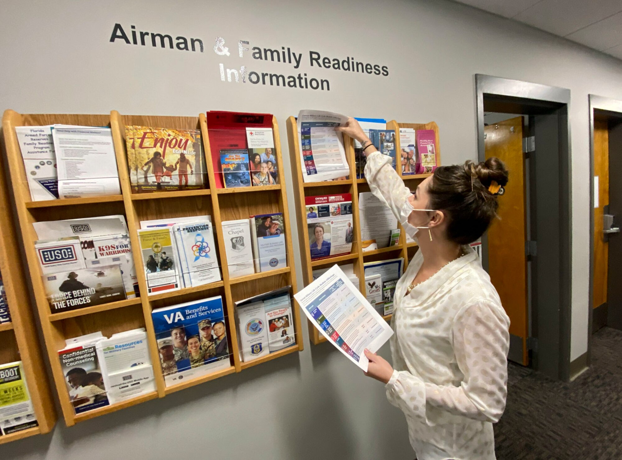 Photo of person placing papers in organizational display