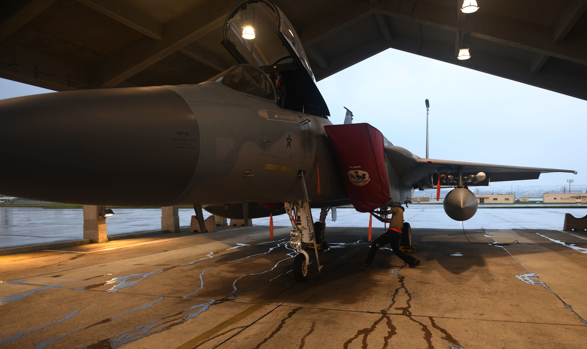 U.S Air Force Senior Airman Juston Forde, 18th Aircraft Maintenance Squadron crew chief, prepares an F-15C Eagle for flight during Exercise WestPac Rumrunner Oct. 16, 2020, at Kadena Air Base, Japan. Exercises that utilize agile combat employment concepts ensure forward-deployed forces in the Indo-Pacific are ready to protect and defend partners, allies and U.S. interests at a moment’s notice. ACE-related activities exemplify the National Defense Strategy by being strategically predictable, but operationally unpredictable. (U.S. Air Force photo by Tech. Sgt. Benjamin Sutton)