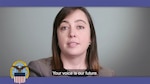 Head and shoulders image showing a white woman with long brown hair with the words "Your voice is our future."