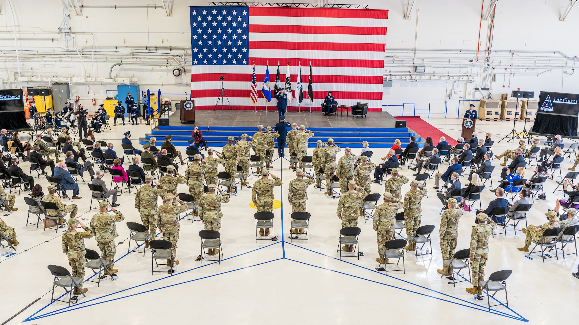 Lt. Gen. Stephen N. Whiting, first commander of the newly re-designated Space Operations Command, receives his first salute as commander from the Space Delta and Garrison commanders and senior enlisted advisors during a ceremony at Peterson Air Force Base, Colo., Oct 21, 2020.