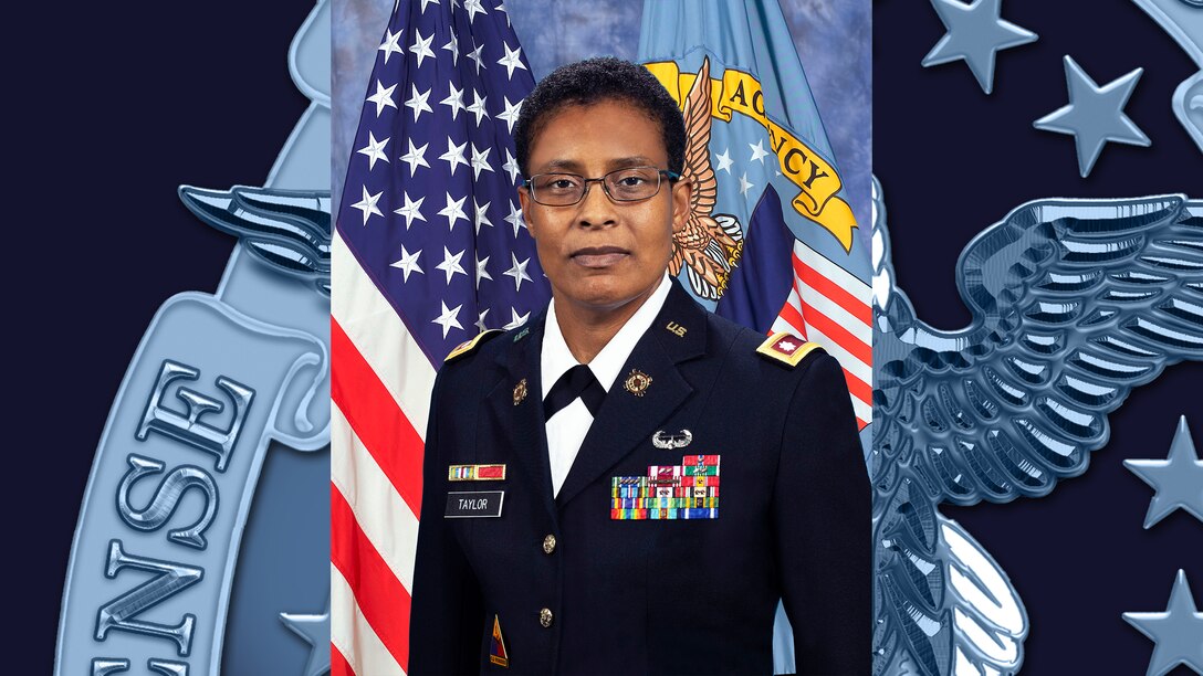 Army Lt. Col. Franyate Taylor official photo over a background of the DLA logo