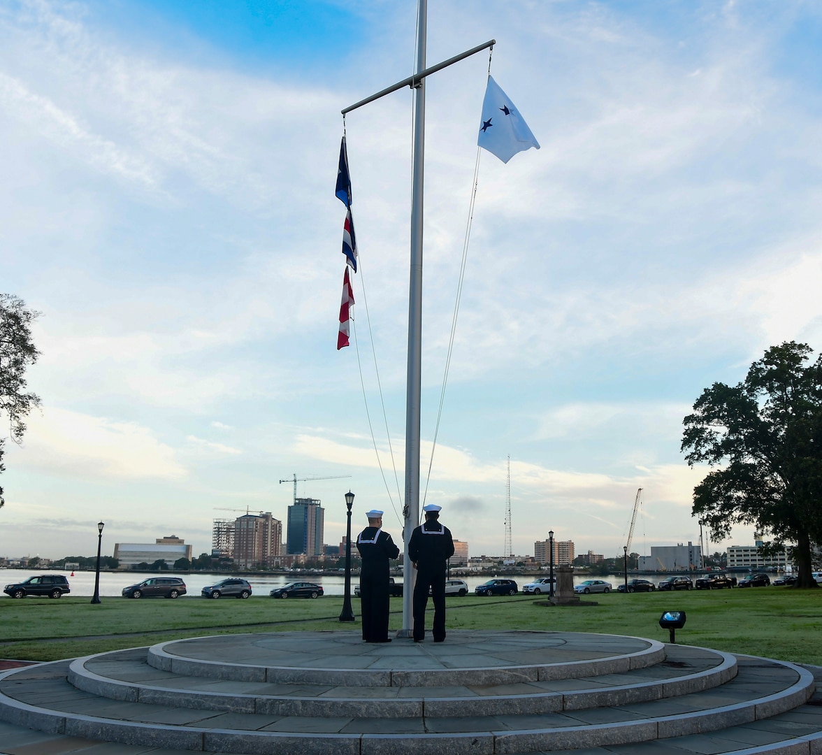 PORTSMOUTH, Va. (Oct. 21, 2020) – Naval Medical Center Portsmouth (NMCP) colors detail raises the two-star Rear Admiral’s pennant upon the arrival of the Surgeon General of the Navy Rear Adm. Bruce Gillingham on Oct. 21.