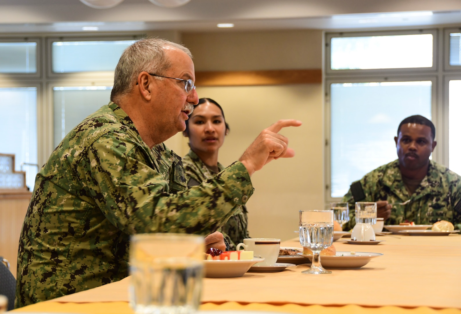PORTSMOUTH, Va. (Oct. 21, 2020) – Surgeon General of the Navy Rear Adm. Bruce Gillingham speaks to Sailors during a lunch at Naval Medical Center Portsmouth (NMCP) Oct. 21.