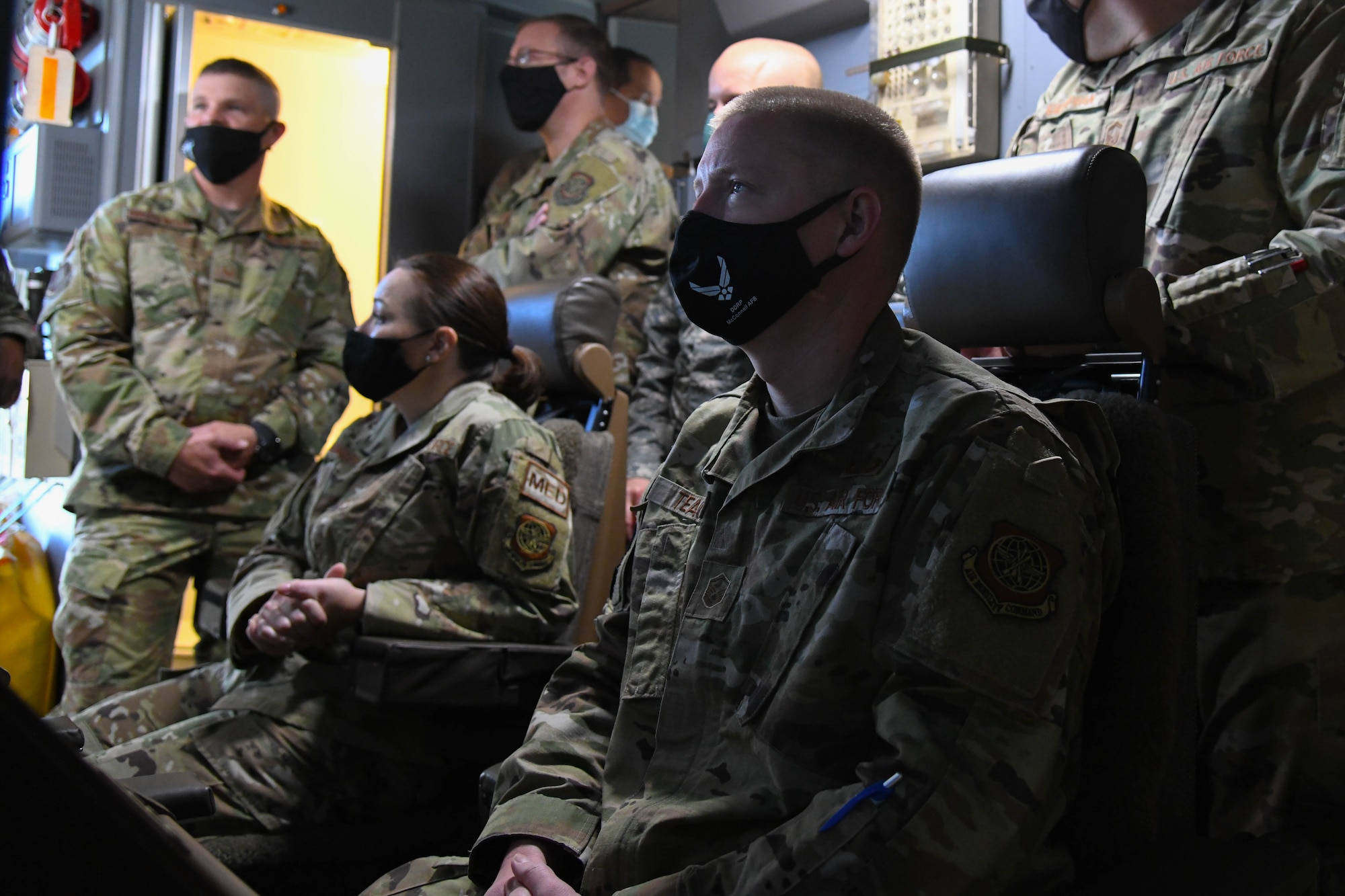 Squadron Superintendents are briefed about the functionality of a KC-46 in-flight refueling station Oct. 14, 2020, at McConnell Air Force Base, Kansas. Over the course of four days, superintendents were afforded multiple opportunities to foster reflection and self-awareness, create an understanding of the broader context of the triad and mission partners, as well as analyze problems, arrive at logical solutions and communicate reasoning. (U.S. Air Force photo by Airman 1st Class Nilsa Garcia)