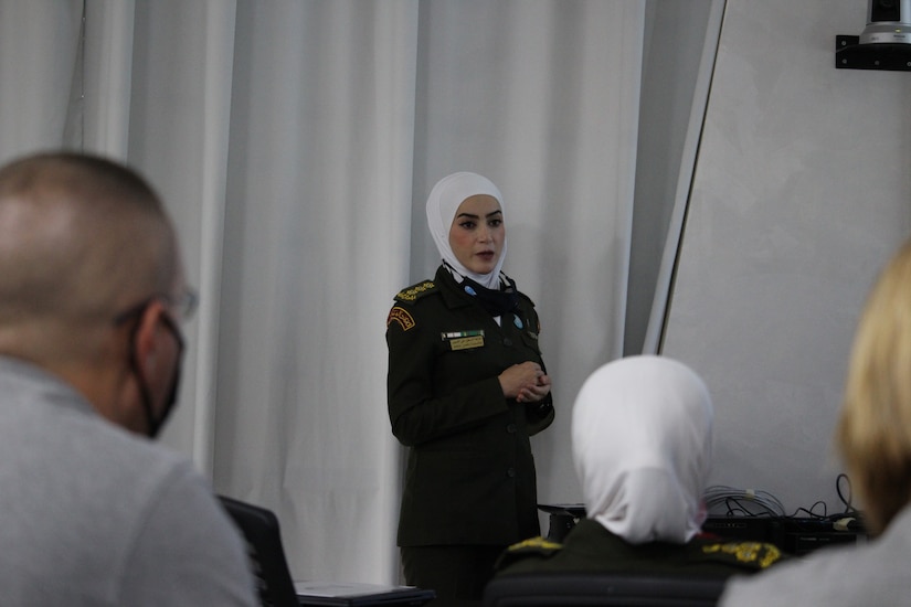 Capt. Jansait Nasser of the Jordanian Royal Medical Services presents on COVID-19 infection prevention and control at the subject matter expert exchange with the 3rd Medical Command (Deployment Support) earlier this month. The RMS and 3 MCDS met over four days to discuss interoperabilities, with special focus on COVID-19 response and requirements.