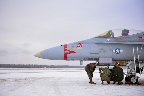 U.S. Marine Corps aircraft mechanics assigned to the Marine Fighter Attack Squadron (VMFA) 232 inspect an F/A-18 Hornet at Eielson Air Force Base, Alaska, Oct. 20, 2020.