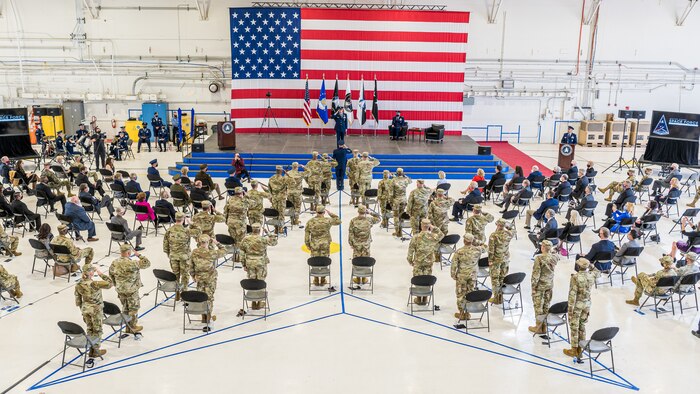 Lt. Gen. Stephen N. Whiting, first commander of the newly re-designated Space Operations Command, receives his first salute as commander from the Space Delta and Garrison commanders and senior enlisted advisors during a ceremony at Peterson Air Force Base, Colo., Oct 21, 2020.