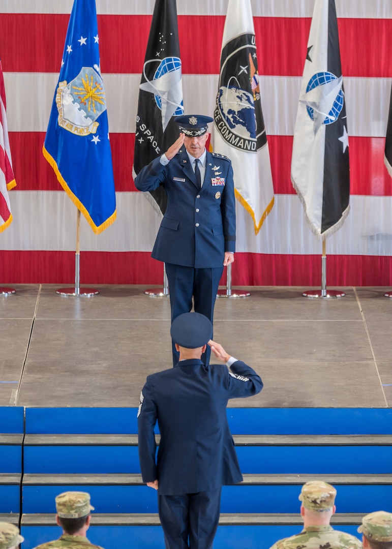 Lt. Gen. Stephen N. Whiting, first commander of the newly re-designated Space Operations Command, receives his first salute as commander from the Space Delta and Garrison commanders and senior enlisted advisors during a ceremony at Peterson Air Force Base, Colo., Oct 21, 2020.