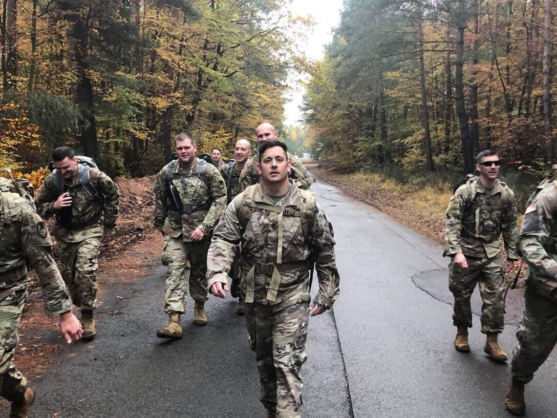 Sgt. 1st Class Brandon Bellmore, platoon sergeant for Company C, 53rd Signal Battalion, U.S. Army Space and Missile Defense Command, Landstuhl, Germany, marches in October 2019 in the Danish Contingent March, Rhein Ordinance Barracks, Germany. He recently received the SGM Larry Strickland Memorial Fund and Scholarship by the Association of the United States Army. The $4,000 scholarship is awarded annually to a noncommissioned officer who best exemplifies the Army’s vision and influences others in shaping future leaders while practicing excellent stewardship.