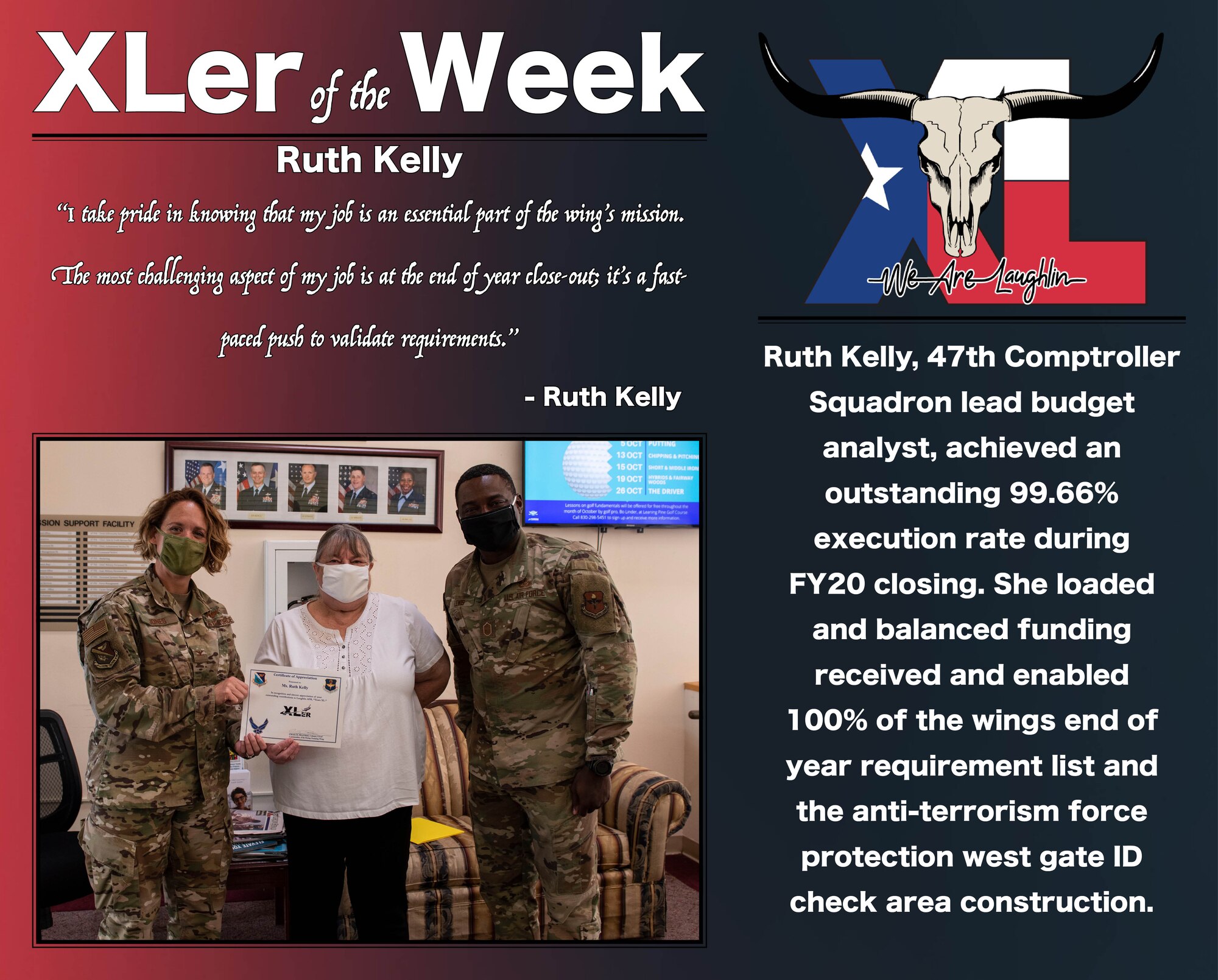 Ruth Kelly, 47th Comptroller Squadron lead budget analyst, was chosen by wing leadership to be the “XLer of the Week”, the week of Oct. 21, 2020, at Laughlin Air Force Base, Texas. The “XLer” award, presented byCol. Cary Jones, 47th Flying Training Wing vice commander, and Chief Master Sgt. Brian Lewis, 47th Operations Group superintendent, is given to those who consistently make outstanding contributions to their unit and the Laughlin mission. (U.S. Air Force Graphic by Airman 1st Class David Phaff)