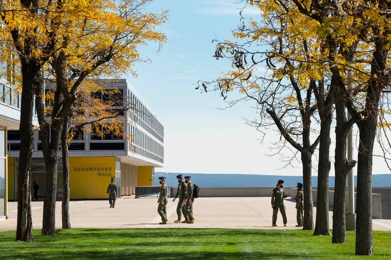 U.S. Air Force Academy cadets walk on the terrazzo here Oct. 9, 2020. This year, the Scholarship of Teaching of Learning Forum will be held virtually in support of COVID-19 prevention measures.