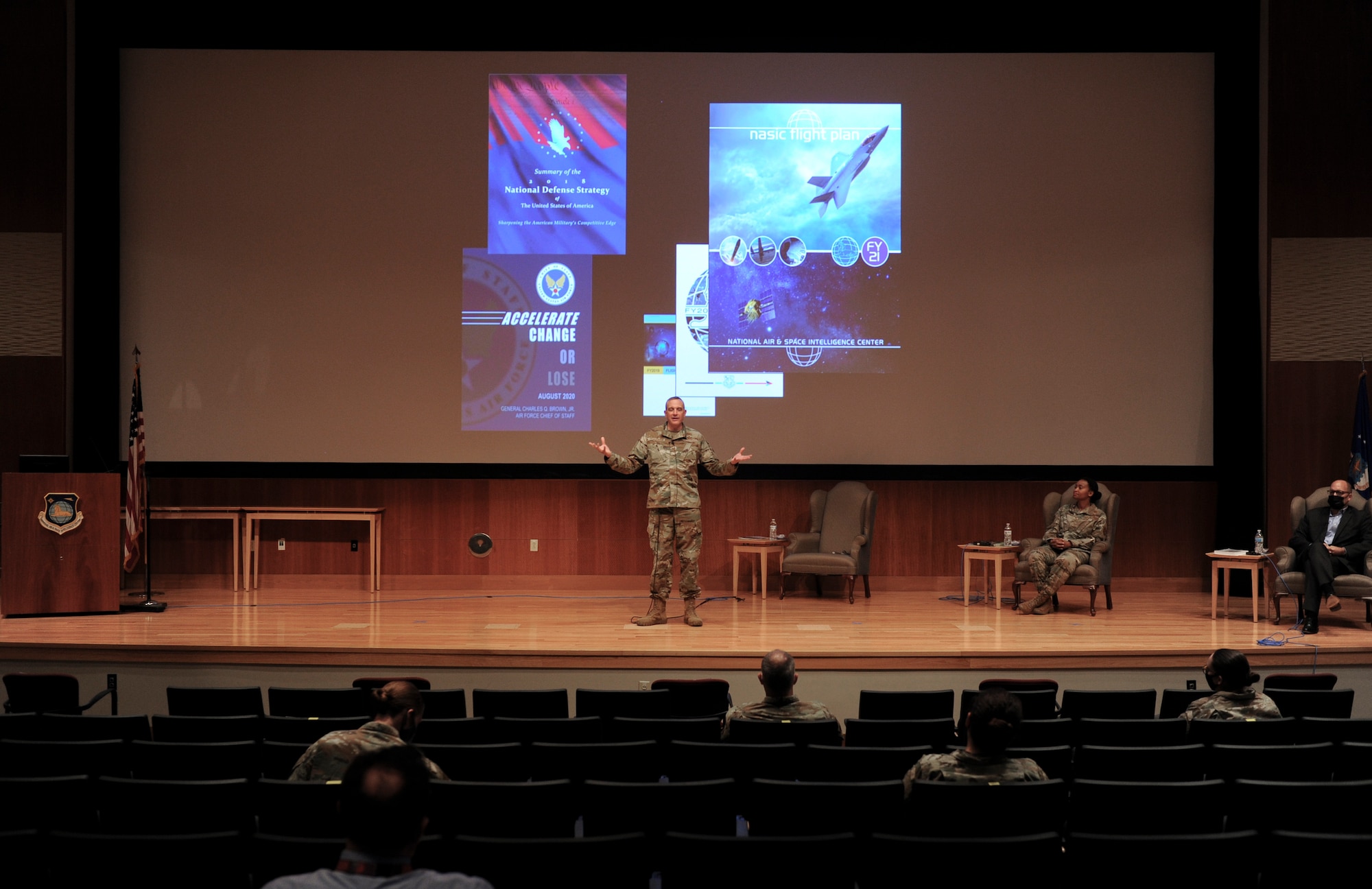 WRIGHT-PATTERSON AIR FOCRCE BASE, Ohio-- Col. Maurizio Calabrese, National Air and Space Intelligence Center commander, rolled out the Center’s new flight plan during a town hall in Benson Auditorium here Oct. 15, 2020. ( U.S. Air Force photo by Senior Airman Samuel Earick)