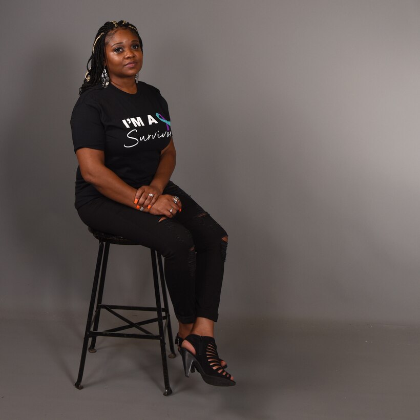 Eva Denson, Military Family Support Liaison for Workforce Solutions and also a member of Goodfellow, advocates for domestic violence awareness and shares her survival story in the Public Affairs photo studio, on Goodfellow Air Force Base, Texas, Oct. 22, 2020. Denson’s story wasn’t an outlying incident, approximately 44% of full-time employed adults in the U.S. reported experiencing domestic violence in their workplace. October 2020, is National Domestic Violence Awareness Month, declared by U.S. President Donald J. Trump. (U.S. Air Force photo by Senior Airman Abbey Rieves)