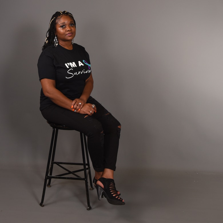 Eva Denson, Military Family Support Liaison for Workforce Solutions and also a member of Goodfellow, advocates for domestic violence awareness and shares her survival story in the Public Affairs photo studio, on Goodfellow Air Force Base, Texas, Oct. 22, 2020. Denson’s story wasn’t an outlying incident, approximately 44% of full-time employed adults in the U.S. reported experiencing domestic violence in their workplace. October 2020, is National Domestic Violence Awareness Month, declared by U.S. President Donald J. Trump. (U.S. Air Force photo by Senior Airman Abbey Rieves)
