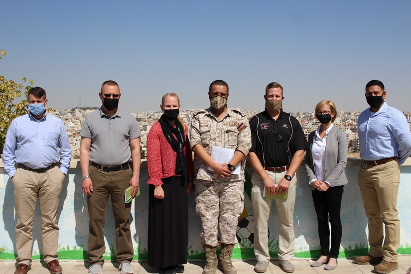 Medical professionals from the 3rd Medical Command (Deployment Support) and Area Support Group-Jordan pose for a photo with their Jordanian host following their subject matter expert exchange earlier this month. The 3 MCDS and Jordanian Royal Medical Services met over four days to discuss interoperabilities, with special focus on COVID-19 response and requirements.