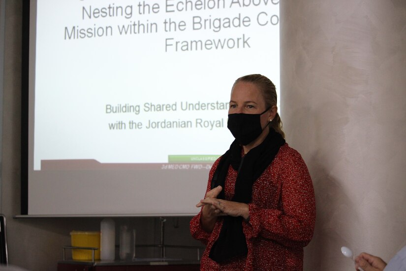 Col. Stephanie Wolloff, Chief of Staff for the 3rd Medical Command (Deployment Support) presents on U.S. Army medical operations at the subject matter expert exchange with the Jordanian Royal Medical Services earlier this month. The 3 MCDS and RMS met over four days to discuss interoperabilities, with special focus on COVID-19 response and requirements.
