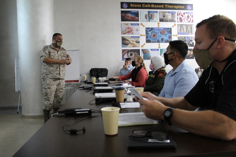 U.S. Army and Jordanian medical professionals listen to talks on COVID-19 operations at a subject matter expert exchange earlier this month. The 3rd Medical Command (Deployment Support) and Royal Medical Services met over four days to discuss interoperabilities, with special focus on COVID-19 response and requirements.