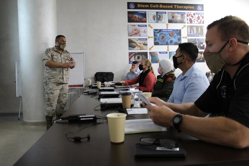 U.S. Army and Jordanian medical professionals listen to talks on COVID-19 operations at a subject matter expert exchange earlier this month. The 3rd Medical Command (Deployment Support) and Royal Medical Services met over four days to discuss interoperabilities, with special focus on COVID-19 response and requirements.