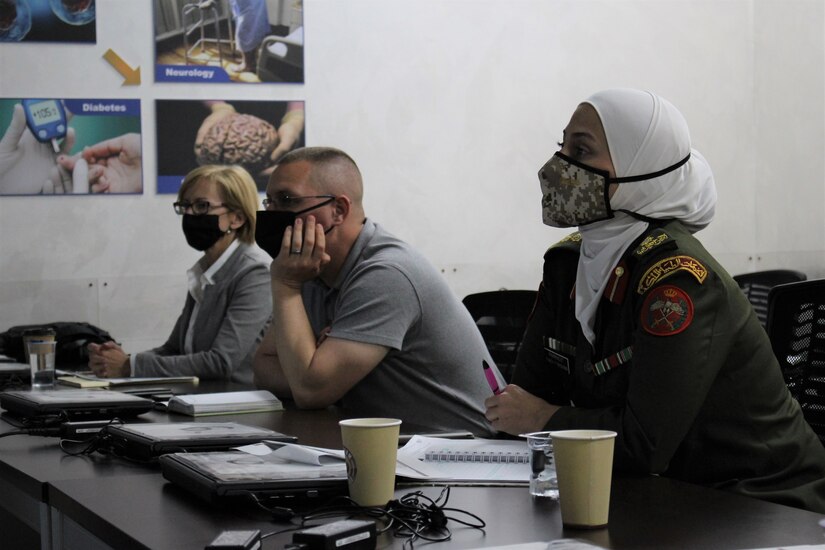 U.S. Army and Jordanian medical professionals listen to talks on COVID-19 operations at a subject matter expert exchange earlier this month. The 3rd Medical Command (Deployment Support) and Royal Medical Services met over four days to discuss interoperabilities, with special focus on COVID-19 response and requirements.