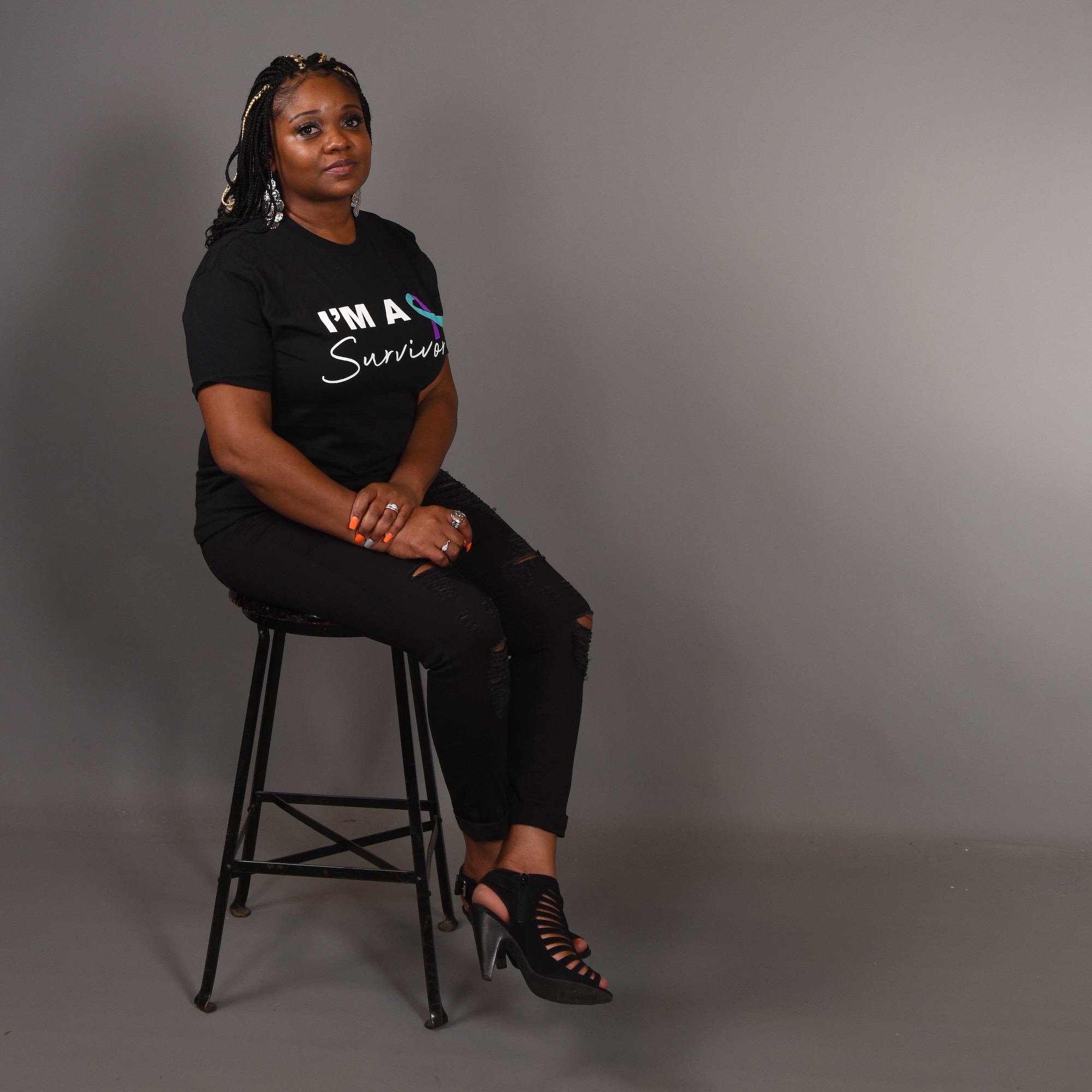 Eva Denson, Military Family Support Liaison for Workforce Solutions and also a member of Goodfellow, advocates for domestic violence awareness and shares her survival story in the Public Affairs photo studio, on Goodfellow Air Force Base, Texas, Oct. 22, 2020. Denson’s story wasn’t an outlying incident, approximately 44% of full-time employed adults in the U.S. reported experiencing domestic violence in their workplace. October 2020, is National Domestic Violence Awareness Month, declared by U.S. President Donald J. Trump. (U.S. Air Force photo by Senior Airman Abbey Rieves)