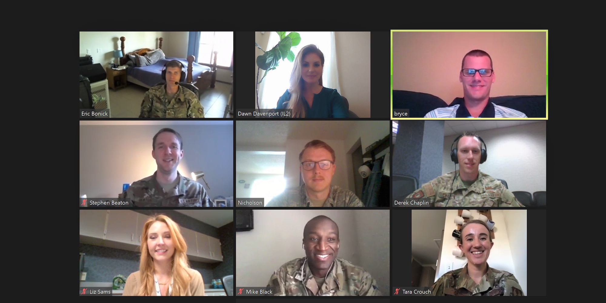 Members of the Advanced Tactical Acquisition Corps Team 9, during a virtual meeting. ATAC selects talented acquisition professionals for leadership development, training and the opportunity to work as a team to find solutions to Air Force and Department of Defense challenges.