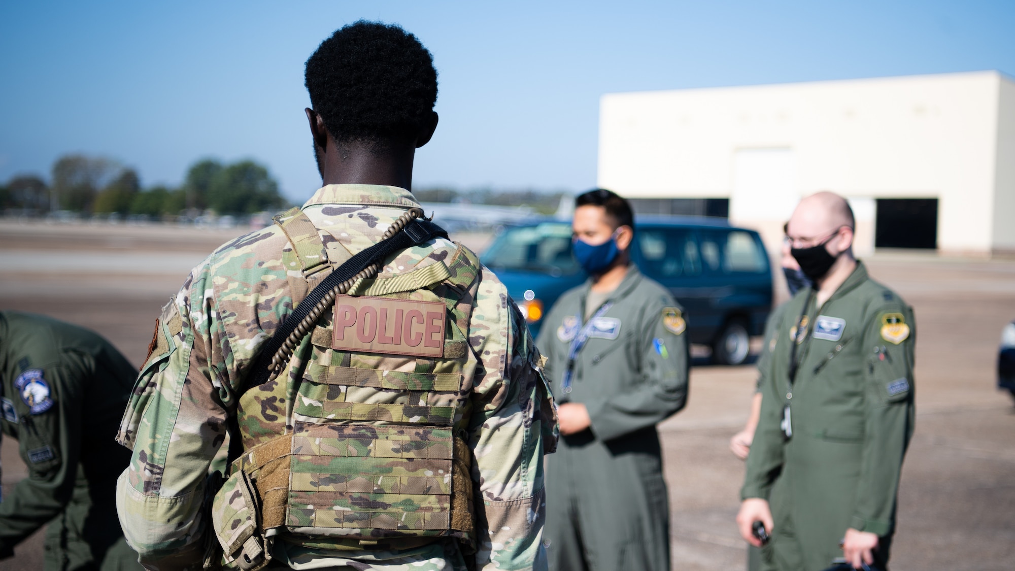 Airman 1st Class Christopher Wimbley, 2nd Security Forces installation entry controller, stands guard at an entry control point during Global Thunder 21 at Barksdale Air Force Base, La., Oct. 22, 2020.