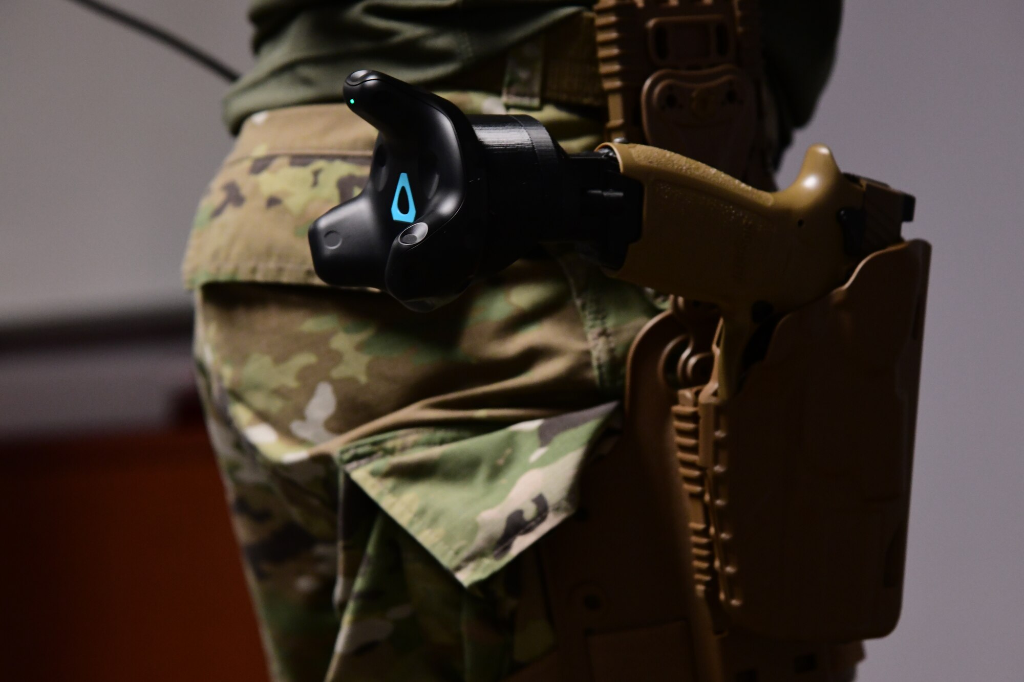 Staff Sgt. David Greenwood, 926th Security Forces Squadron training instructor, uses virtual reality to run through Use of Force training scenarios during the Mandatory Unit Training Assembly, Oct. 4, at Nellis Air Force Base, Nevada. (U.S. Air Force Photo by Senior Airman Brett Clashman)