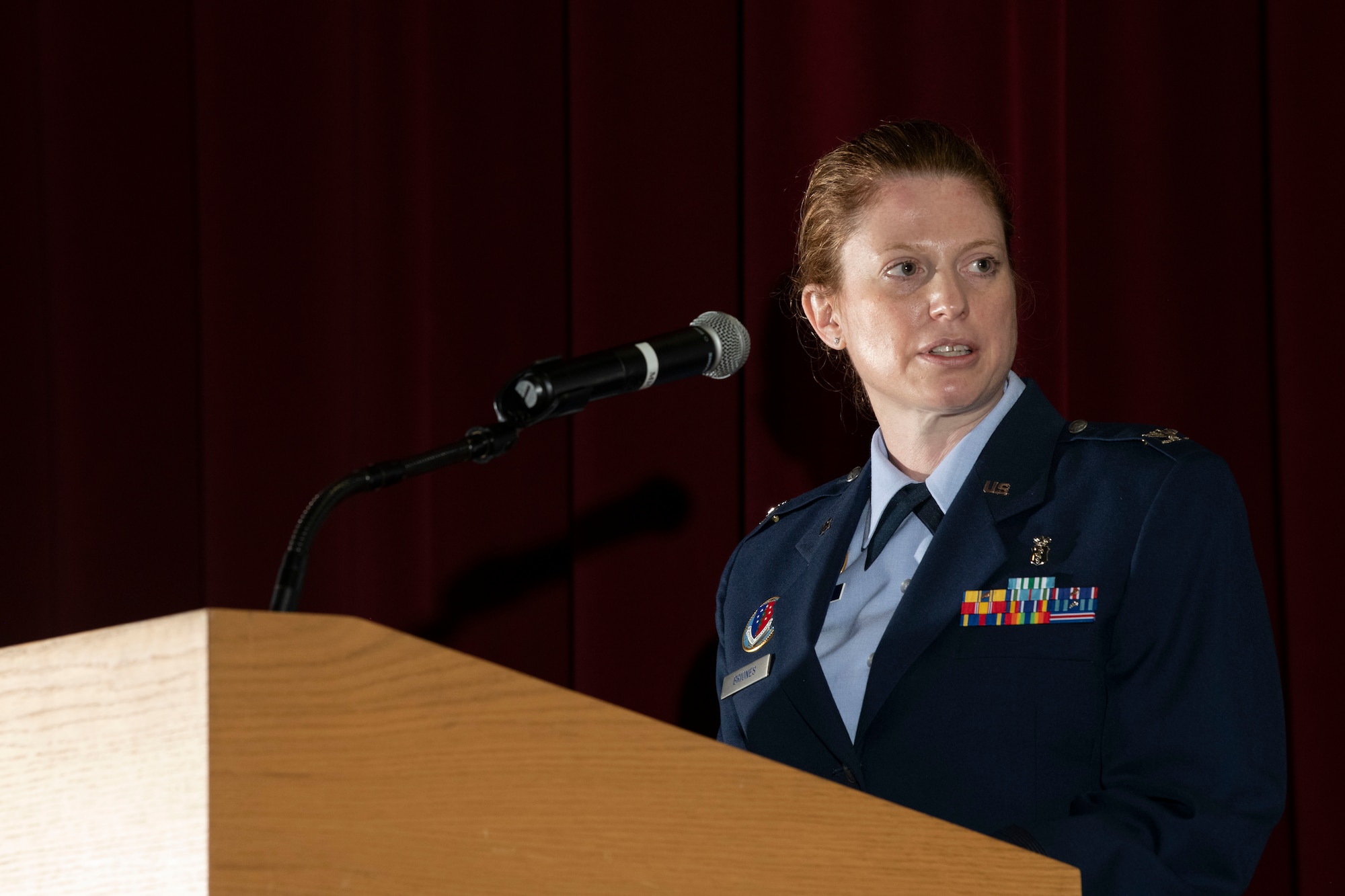 U.S. Air Force Col. Alice Briones, incoming Armed Forces Medical Examiner System director, gives a speech during a change of directorship ceremony at Dover Air Force Base, Delaware, Oct. 21, 2020. AFMES is committed to being the Department of Defense’s leader in providing medical-legal services and emerging technologies essential for the readiness, sustainability and survivability of U.S. service members. (U.S. Air Force photo by Senior Airman Christopher Quail)