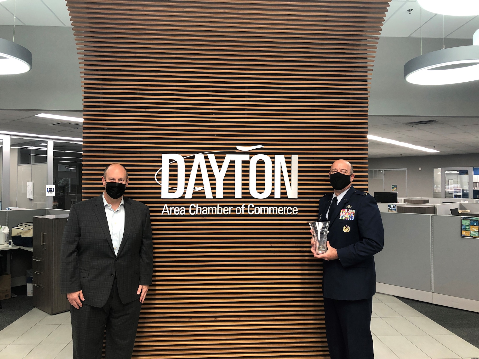 Col. Patrick Miller, 88th Air Base Wing commander, accepts the Program Partner of the Year Award on the installation’s behalf. The award recognizes WPAFB’s commitment to Leadership Dayton and the Dayton Area Chamber of Commerce.