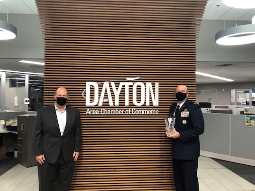 Col. Patrick Miller, 88th Air Base Wing commander, accepts the Program Partner of the Year Award on the installation’s behalf. The award recognizes WPAFB’s commitment to Leadership Dayton and the Dayton Area Chamber of Commerce.