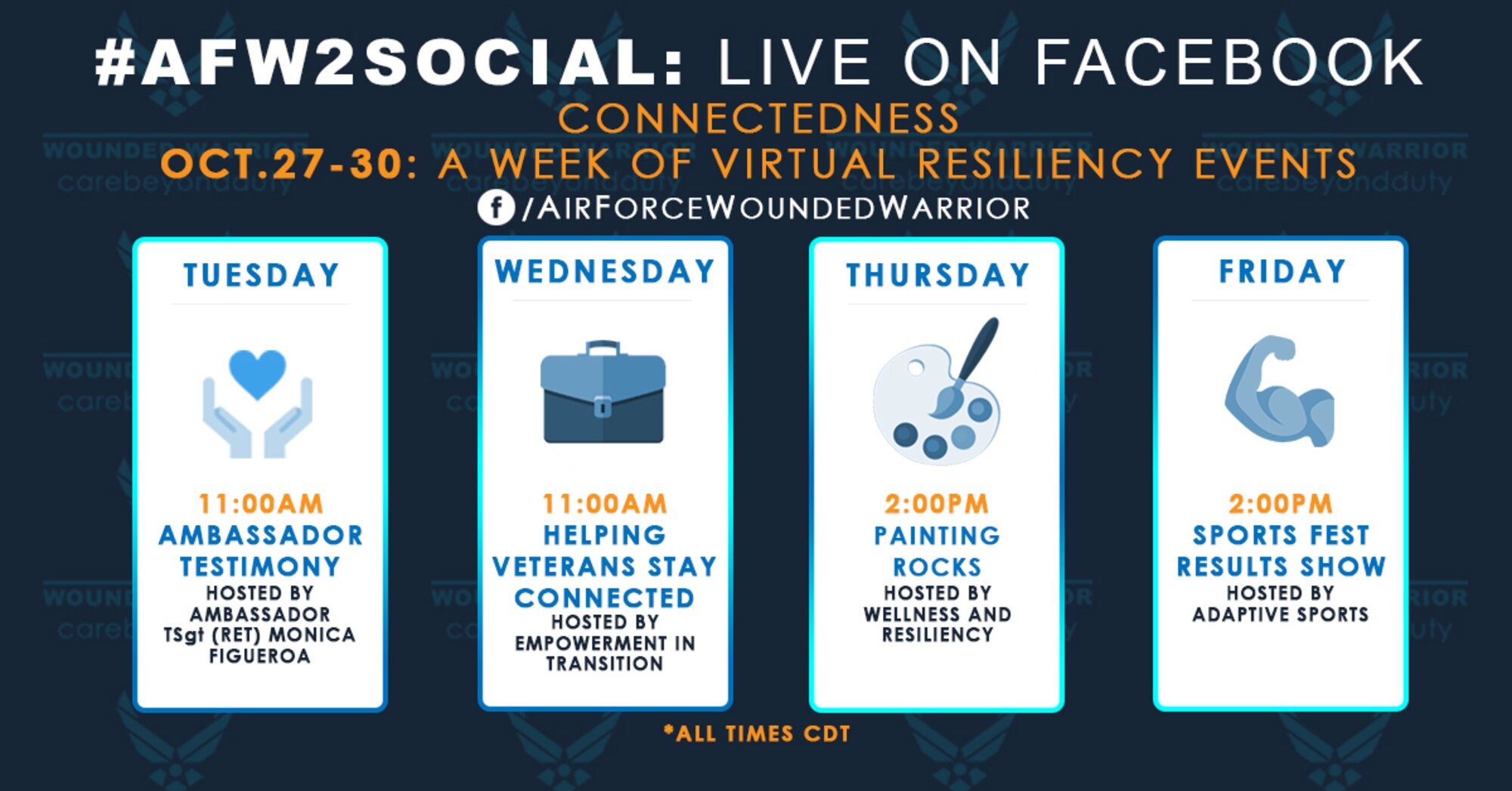 Live AFW2 Facebook events for 27-30 October.