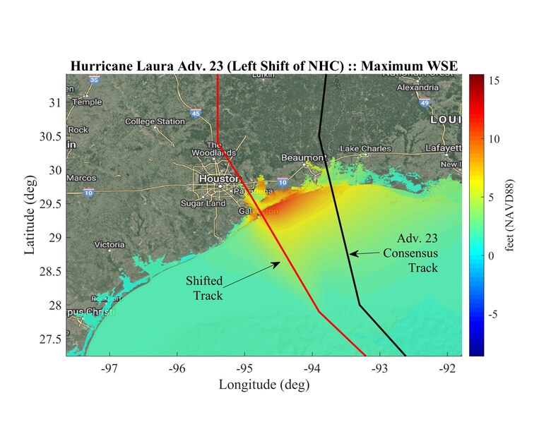 The Advanced Circulation (ADCIRC) model simulation shows maximum water surface elevations along the Texas Coastline during Hurricane Laura using the National Hurricane Center Advisory 23 consensus track shifted left. Researchers at the U.S. Army Engineer Research and Development Center are using numerical modeling systems, like ADCIRC, to help U.S. Army Corps of Engineers districts better prepare for tropical storms by simulating scenarios to look at the possible storm impacts to district maintained and operated structures.