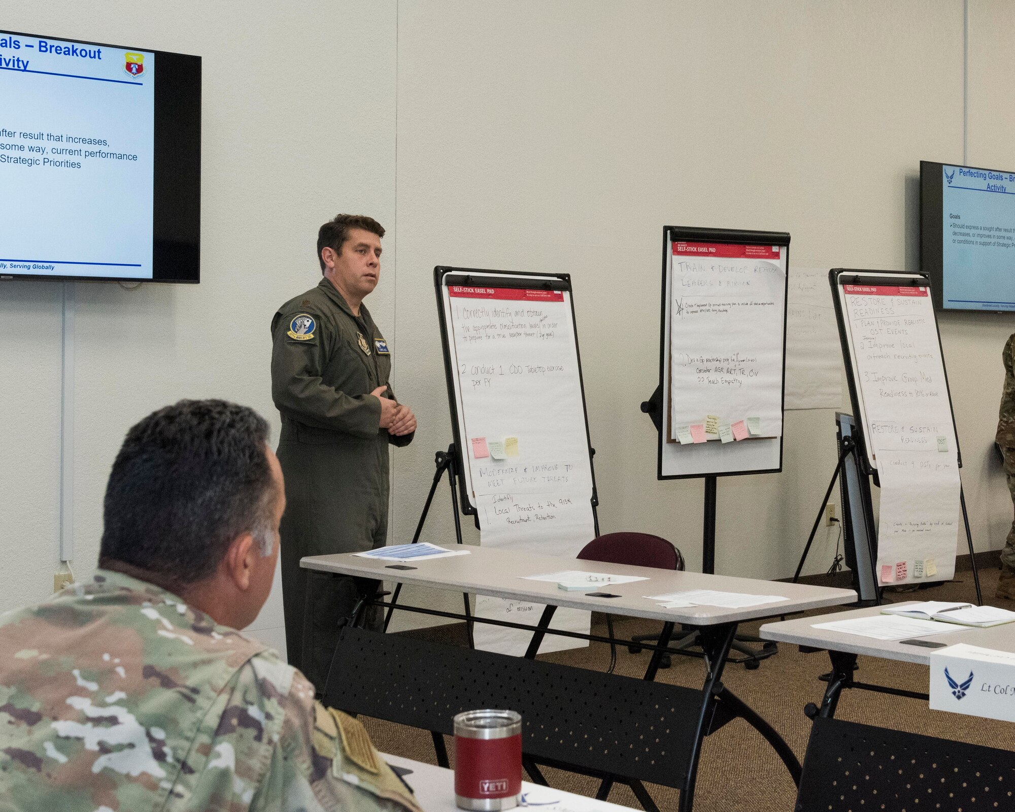 Air Force Reserve Maj. Chris Acs, 913th Operations Support Squadron chief of tactics, summarizes his team’s inputs during a strategic alignment event Sept. 9, 2020, at Little Rock Air Force Base, Ark. The 913th Airlift Group conducted the event to map out the group’s efforts over the next few years and focus efforts for a future deployment. (U.S. Air Force Reserve photo by Maj. Ashley Walker)