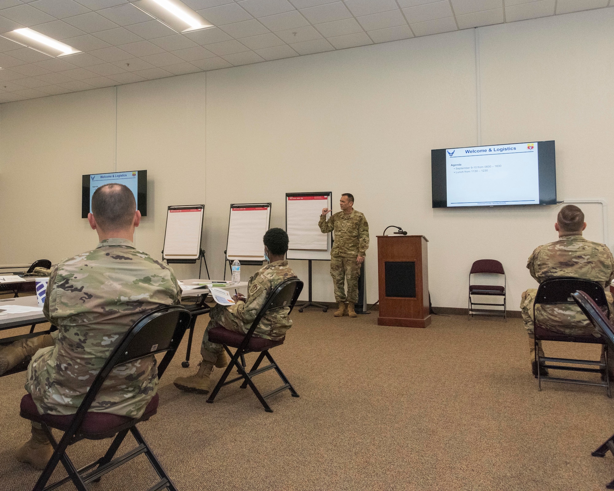 Air Force Reserve Chief Master Sgt. James Henjum, continuous process improvement specialist, explains the intent of the Strategic Alignment Summit to the group’s leaders and experts who gathered to discuss the unit’s future during the event at Little Rock Air Force Base, Ark., Sept. 9-10, 2020. The event discussed and outline the 913th AG’s direction over the next few years, while revising the group’s mission, vision and priorities. (U.S. Air Force Reserve photo by Maj. Ashley Walker)