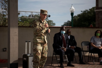 U.S. Air Force Col. Dain Kleiv, 437th Maintenance Group commander, addressed the volunteer members of the 437th Aerial Port Squadron during a recognition ceremony, Oct. 23, in Summerville, S.C. Members of both Joint Base Charleston and the community came together to honor the volunteer efforts of these Airmen who have been instrumental in the massive food giveaways orchestrated by the Summerville YMCA and the Community Resource Center Summerville where they helped provide over 60,000 boxes of groceries and 2,400 kits of school supplies to Dorchester County Residents since the beginning of the pandemic.  (Photo by Staff Sgt. Tenley Long)