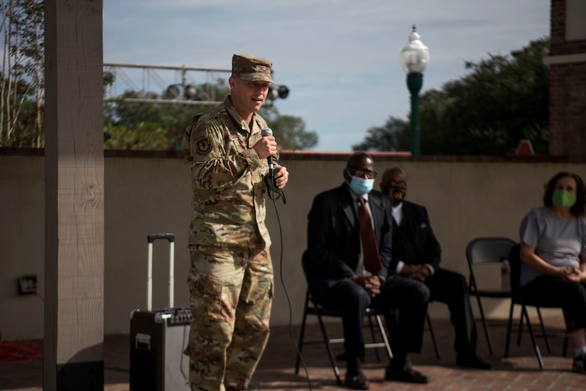 U.S. Air Force Col. Dain Kleiv, 437th Maintenance Group commander, addressed the volunteer members of the 437th Aerial Port Squadron during a recognition ceremony, Oct. 23, in Summerville, S.C. Members of both Joint Base Charleston and the community came together to honor the volunteer efforts of these Airmen who have been instrumental in the massive food giveaways orchestrated by the Summerville YMCA and the Community Resource Center Summerville where they helped provide over 60,000 boxes of groceries and 2,400 kits of school supplies to Dorchester County Residents since the beginning of the pandemic.  (Photo by Staff Sgt. Tenley Long)