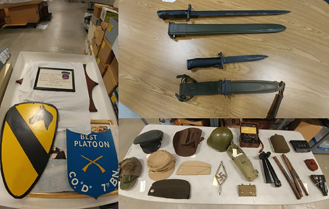 Items like signs, knives and head covers are placed on tables for sorting.