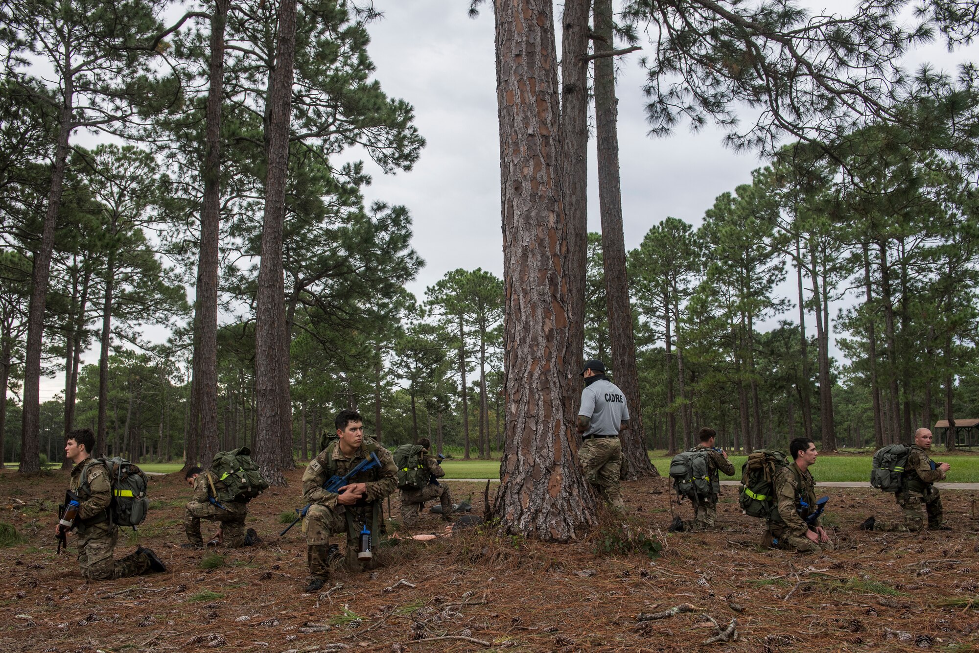 Special Tactics tactical air control party candidates in camo and gear kneel around a very thick tree in a circle facing out looking for threats.